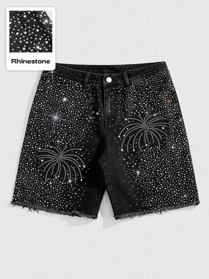 Bonga Boys Street Life Men's Crystal Embellish Frayed Edge Casual Denim Shorts